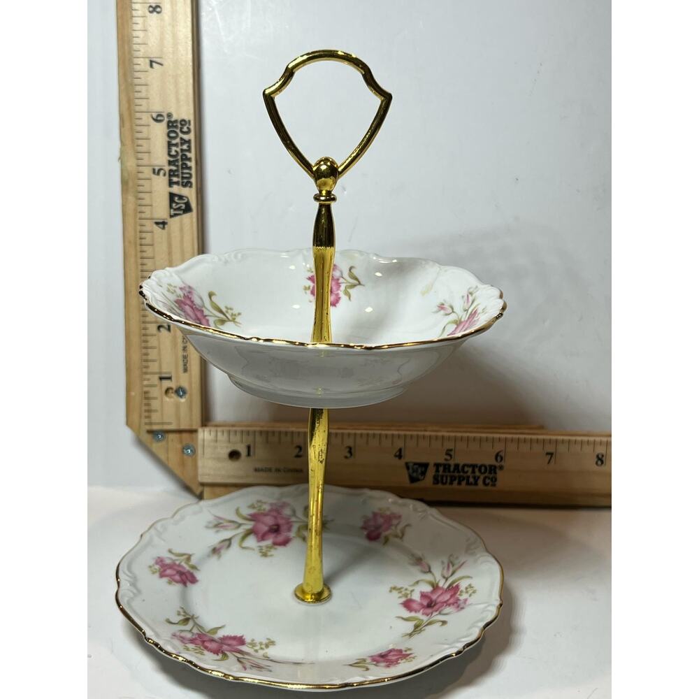 Vintage Edelstein Germany Shelley 2-Tier Porcelain Serving Stand Floral Gold